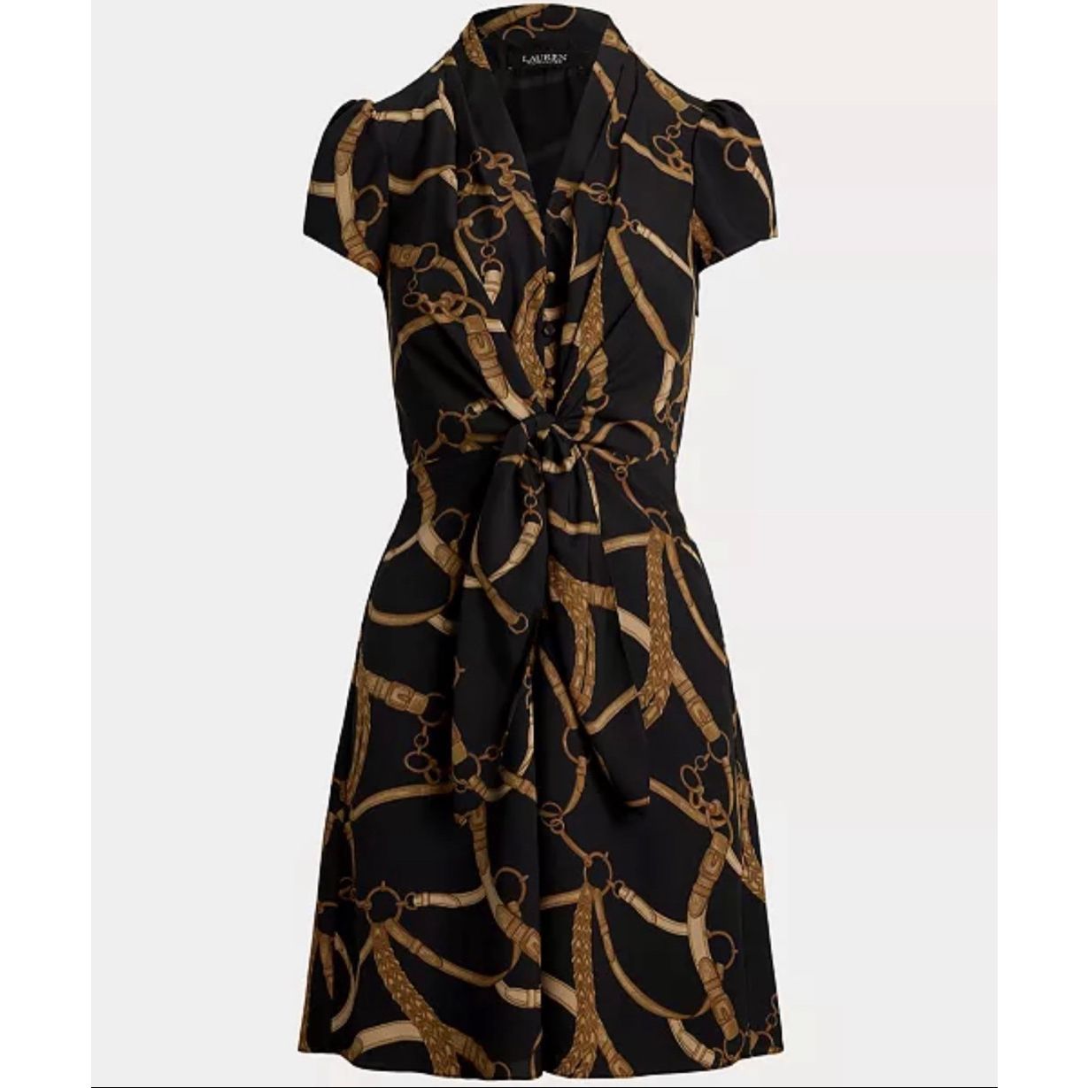 Lauren Ralph Lauren Equestrian Belting-Print Crepe Tie-Front Dress Black/Tan 12